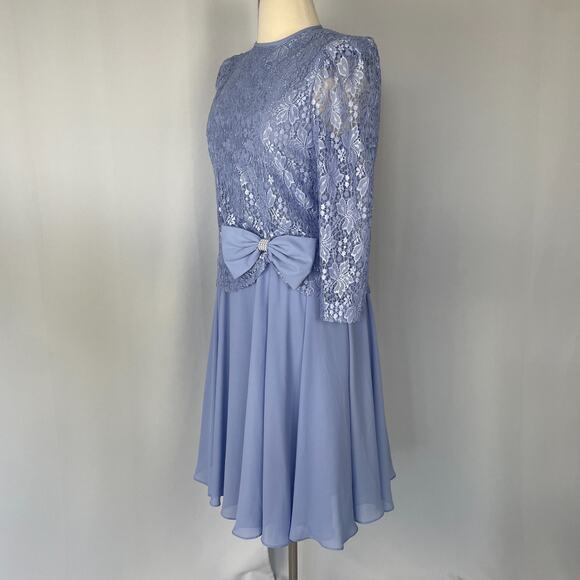 Vintage Cocktail Dress Size 14 Light Blue Lace Bow Puff Sleeve Formal Party Midi - Picture 8 of 16